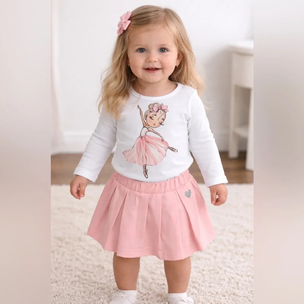 12-18M Ballerina‎ Tee & Pink Pleated Skort Set Baby Girl Outfit NWT